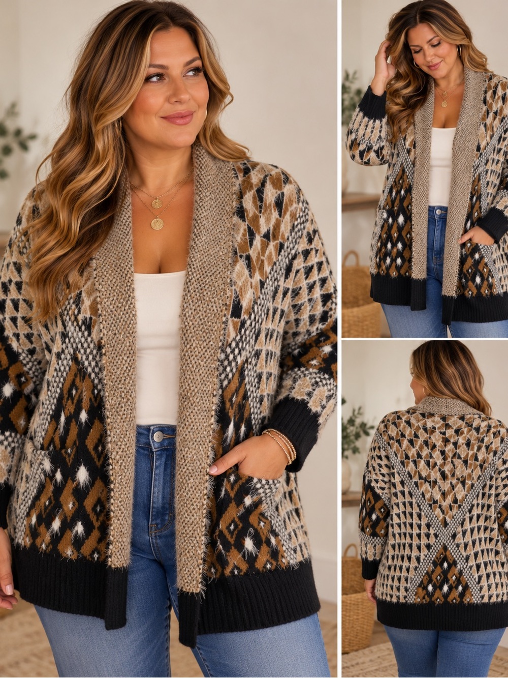 Olivers Tan Black Geometric Open-Front Cardigan